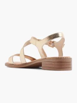 Gold Strappy Sandal with Buckle Detail and Wooden Effect Heel