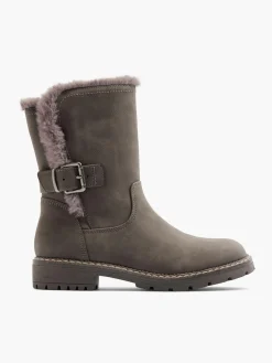 Grey Faux Fur Lined Tall Boot with Buckle Detail