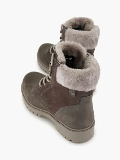 Grey Leather Suede Faux Fur Lined Lace Up Boot