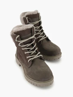 Grey Leather Suede Faux Fur Lined Lace Up Boot