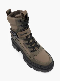 Khaki Chunky Faux Fur Lined Biker Boot