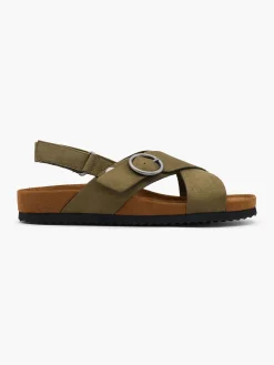 Khaki Cross-Strapped Buckle Detail Flat Sandal