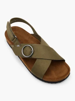 Khaki Cross-Strapped Buckle Detail Flat Sandal