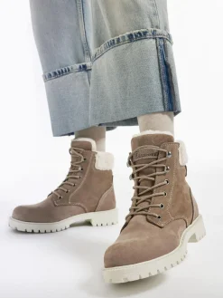 Khaki Faux Fur Lined Leather Hiker Boot