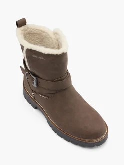 Khaki Fur Lined Buckled Ankle Boot