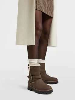 Khaki Fur Lined Buckled Ankle Boot