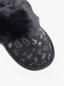 Ladies Black Leopard Slippers