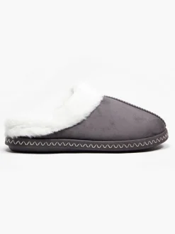 Ladies Grey Fur Trim Slippers