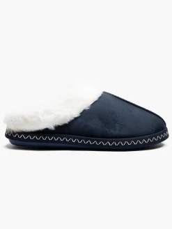 Ladies Navy Fur Trim Slippers