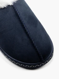 Ladies Navy Fur Trim Slippers