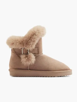 Light Beige Faux Fur Ankle Boot with Buckle Detail
