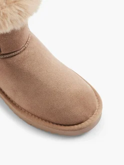 Light Beige Faux Fur Ankle Boot with Buckle Detail