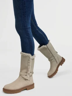 Light Grey Tall Faux Fur Lined Boot with Buckle Details