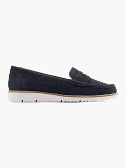 Navy Leather Flat Loafer with Contrasting Sole