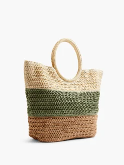 Neutral and Green Striped Summer Bag with Circular Handle
