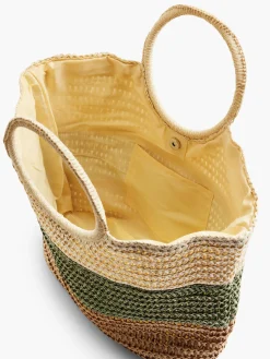 Neutral and Green Striped Summer Bag with Circular Handle
