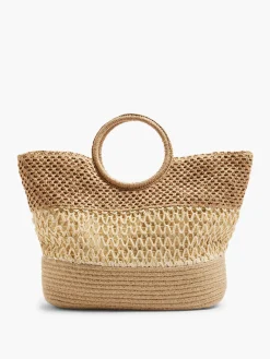 Neutral Striped Panel Summer Bag with Circular Handle