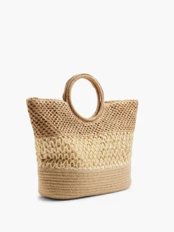Neutral Striped Panel Summer Bag with Circular Handle