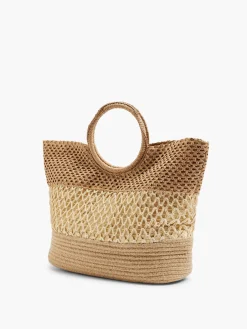 Neutral Striped Panel Summer Bag with Circular Handle