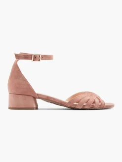 Pink Leather Block Heeled Sandal with Ankle Strap
