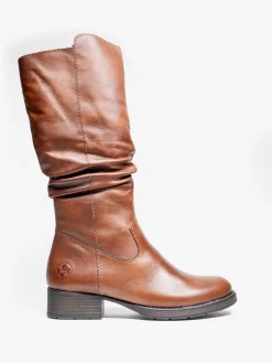 Reiker Brown Leather Long Leg Boot with Ruched Detail
