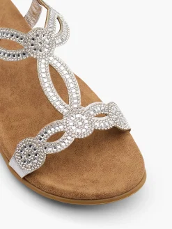 Silver Elasticated Back Flat Sandal with Clear Gem Detail