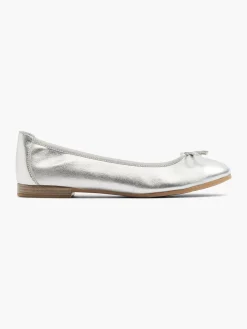 Silver Leather Ballerina with Bow Detail