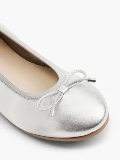 Silver Leather Ballerina with Bow Detail