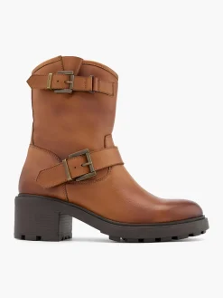 Tan Leather Ankle Boot with Double Buckle Detail