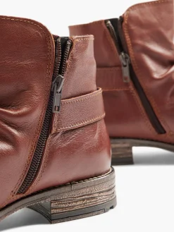 Tan Leather Ruched Buckled Ankle Boot