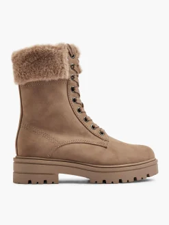 Taupe Faux Fur Collared Lace Up Boot