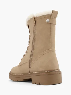 Taupe Lace Up Ankle Boot with Faux Fur Lining
