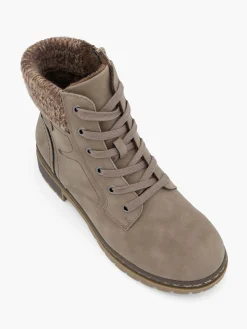 Taupe Lace Up Ankle Boots with Knitted Collar