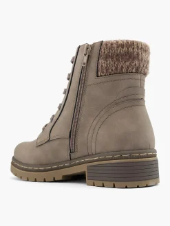 Taupe Lace Up Ankle Boots with Knitted Collar