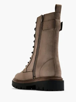 Taupe Lace Up Boot with Buckle and Strap Detail