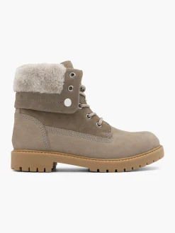 Taupe Leather Faux Fur Collar Lace Up Boot