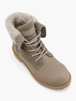 Taupe Leather Faux Fur Collar Lace Up Boot