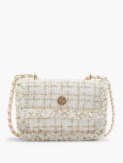 White and Gold Tweed Textile Shoulder Bag