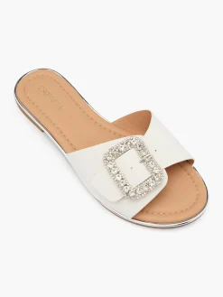 White Gemstone Buckle Mule with Silver Metallic Detail