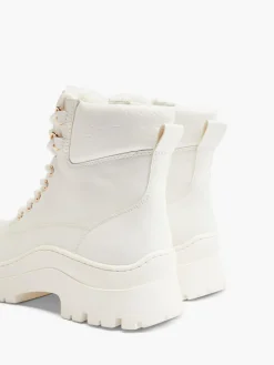 White Lace Up Ankle Boot with Embossed Monogram Detail