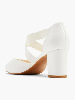 White Leather Elasticated Strap Block Heel