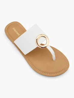 White Metal Ring Toe Thong Flat Sandal